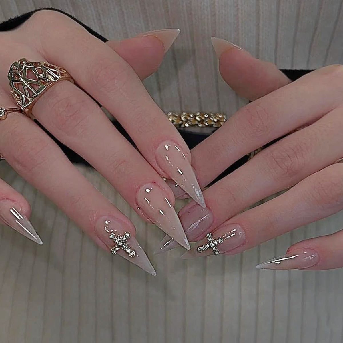 Glamorous Elegance Long Stiletto Neutral Color with Sparkling Cross Accents Press on Nail Set