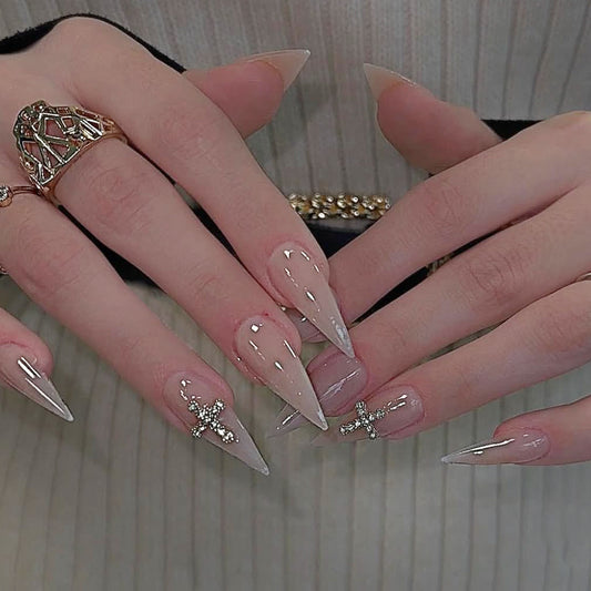 Glamorous Elegance Long Stiletto Neutral Color with Sparkling Cross Accents Press on Nail Set