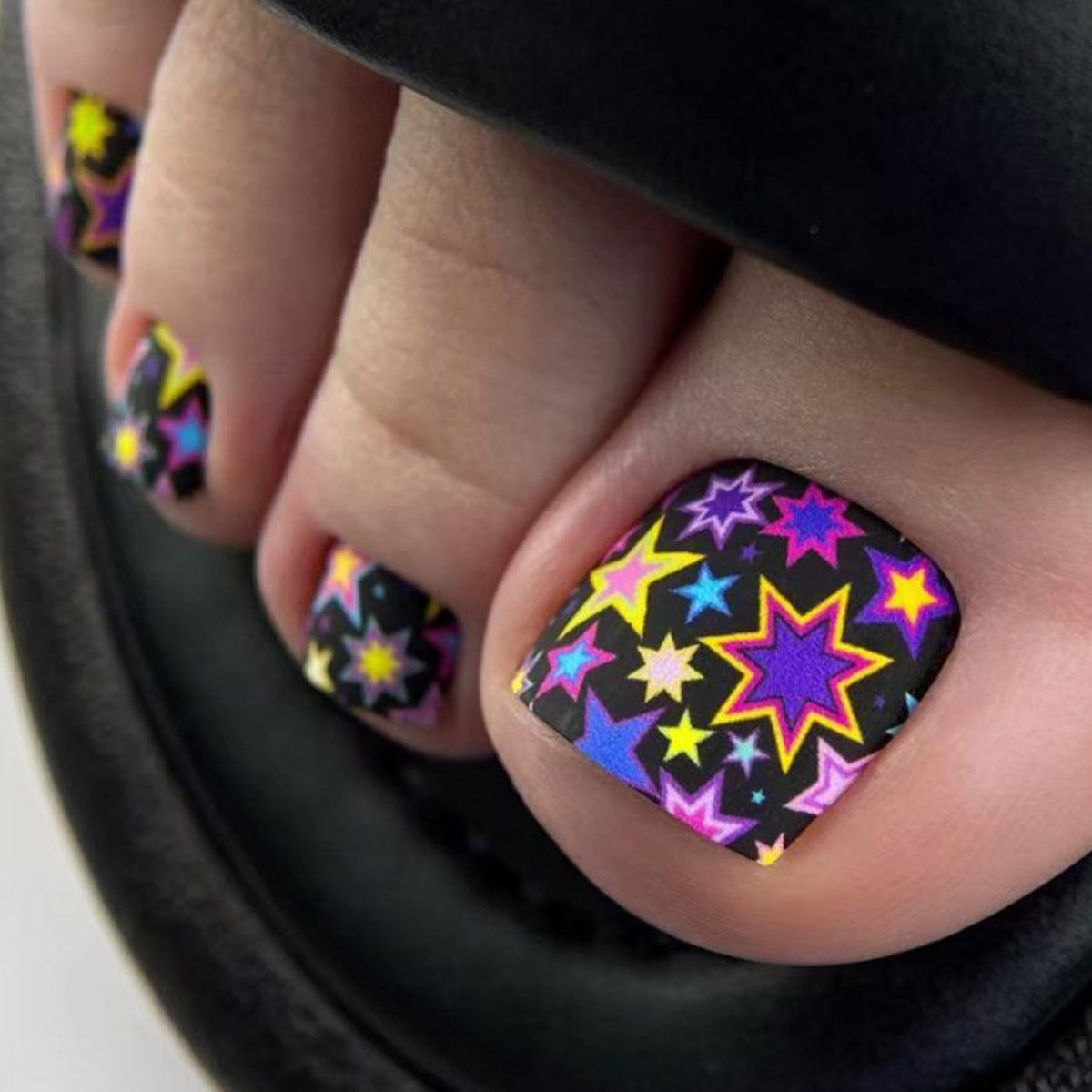Celestial Delight Square Short Colorful Starry Press On Toenail Set with Vibrant Glow Effect