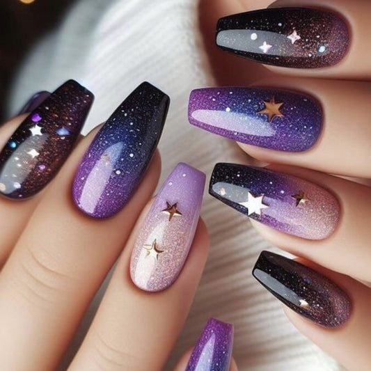 Galactic Dream Medium Coffin Gradient Purple and Black Nails with Glittering Star Accents