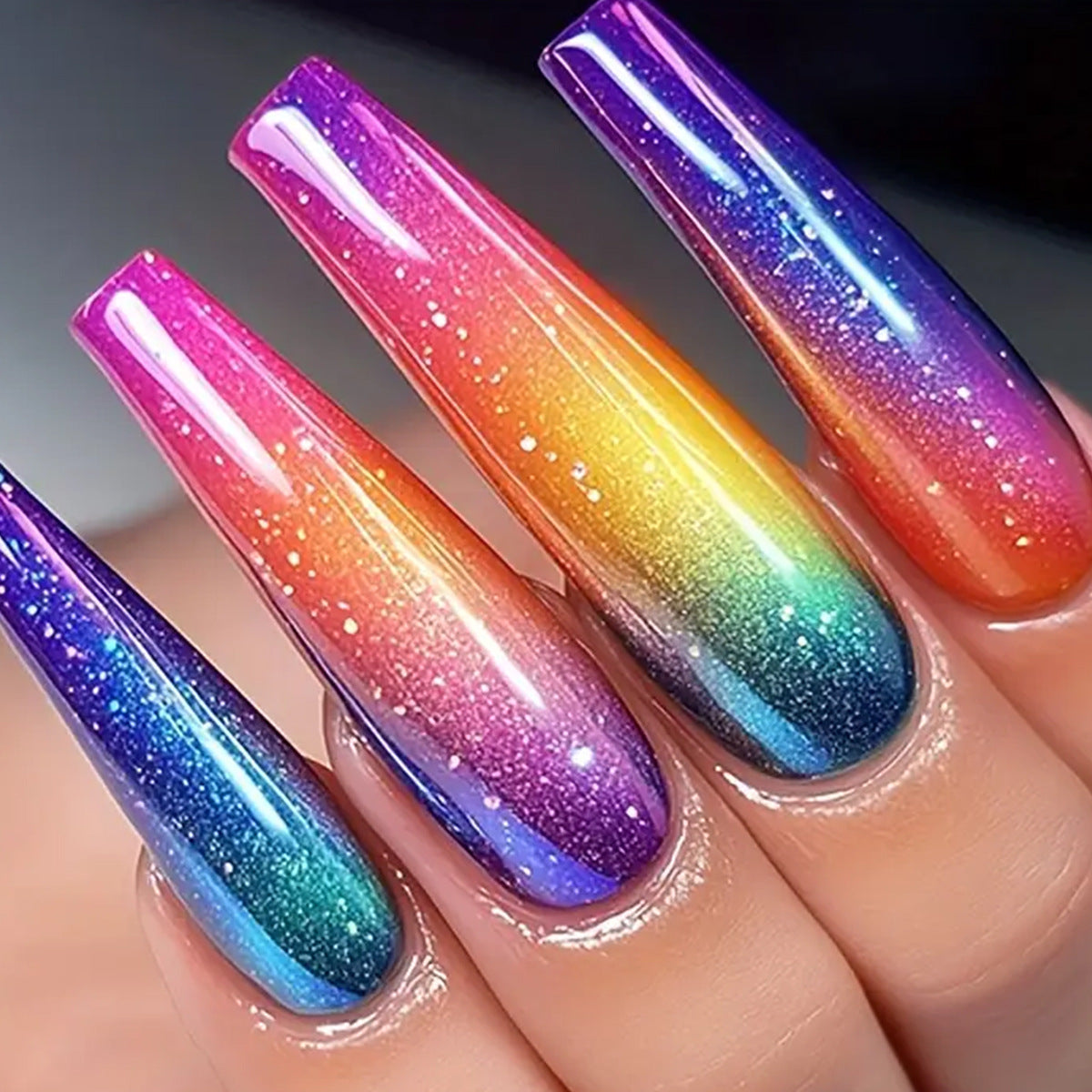 Rainbow Dream Extra Long Coffin Press On Nail Set with Glitter Ombre Finish