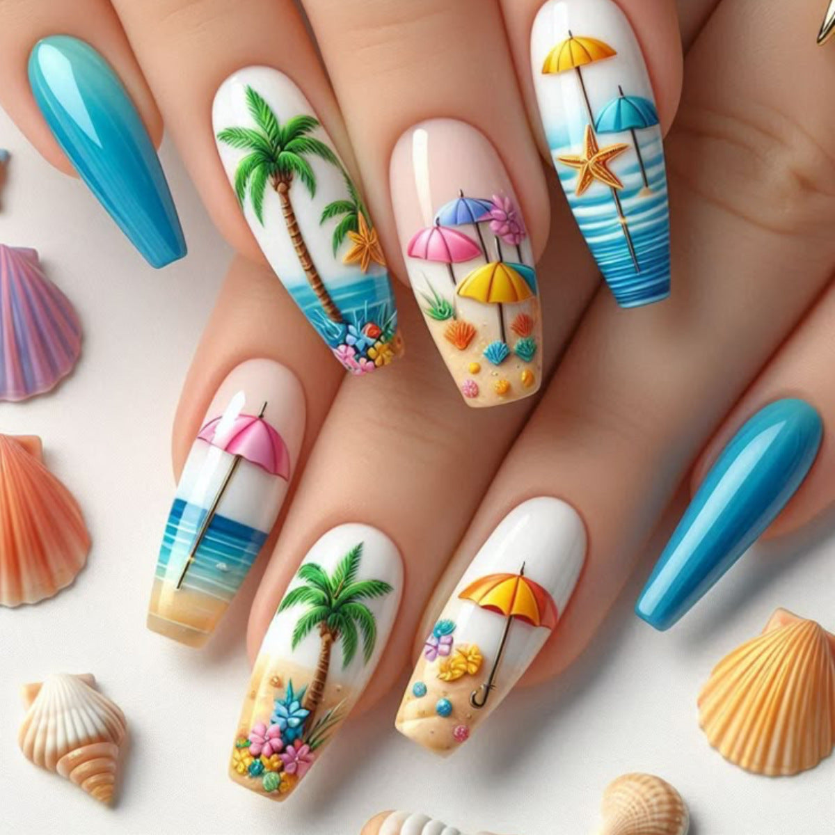 Tropical Paradise Long Coffin Blue Ombre with Beach Umbrella Design Press On Nail Set