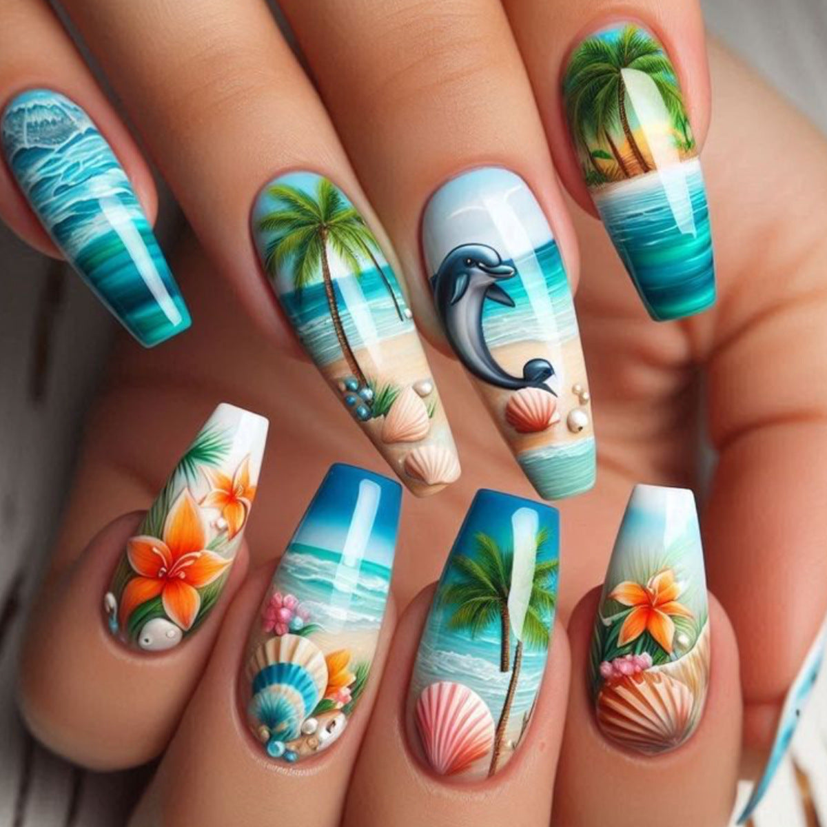 Tropical Paradise Long Coffin Mint Green Press On Nail Set with Stunning Ocean Landscape Design