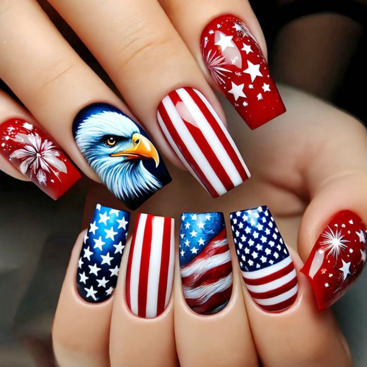 Patriotic Glamour Medium Square Red and Blue Featuring Eagle Design and Star Patterns Press on Nail Set