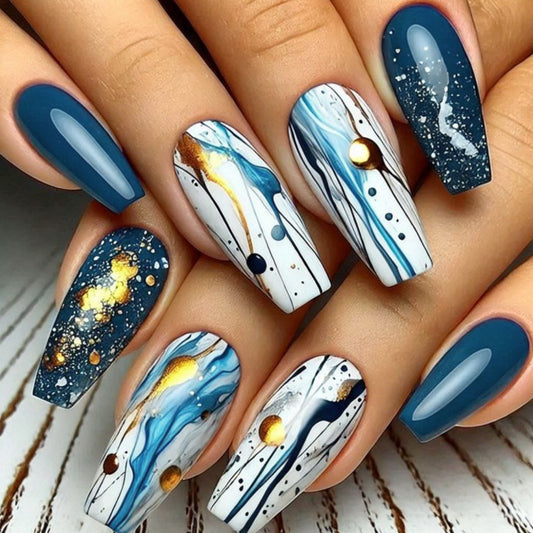 Celestial Dreams Extra Long Coffin Shaped Deep Blue and White Press On Nail Set with Golden Galaxies
