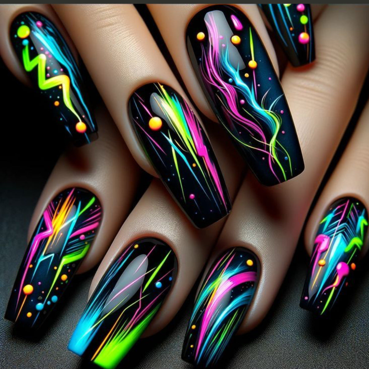 Electric Wonderland Long Coffin Neon Black Press On Nail Set with Vibrant Glow-In-The-Dark Design