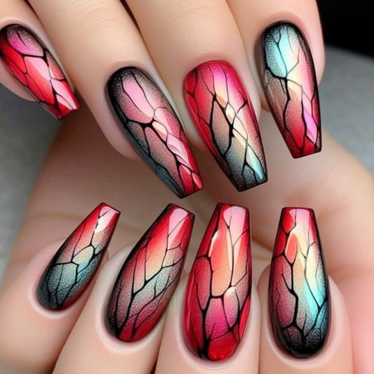 Cosmic Elegance Long Coffin Red and Black Ombre with Unique Cracked Design Press on Nail Set