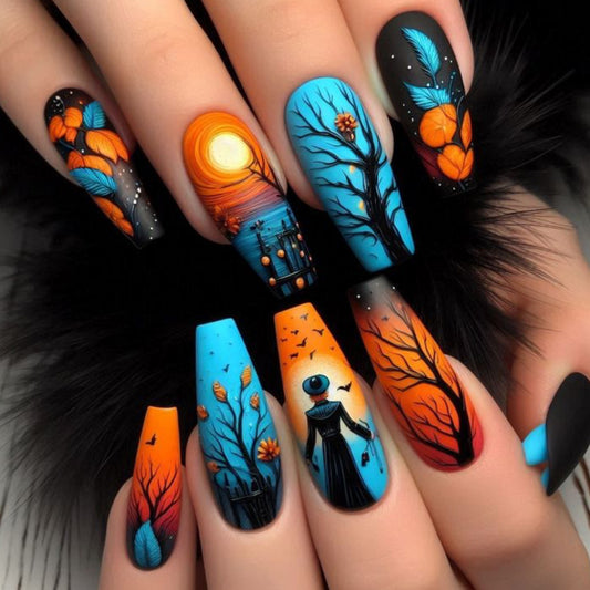 Enchanted Twilight Long Coffin Aqua and Orange Gradient Design with Intricate Nature Motifs