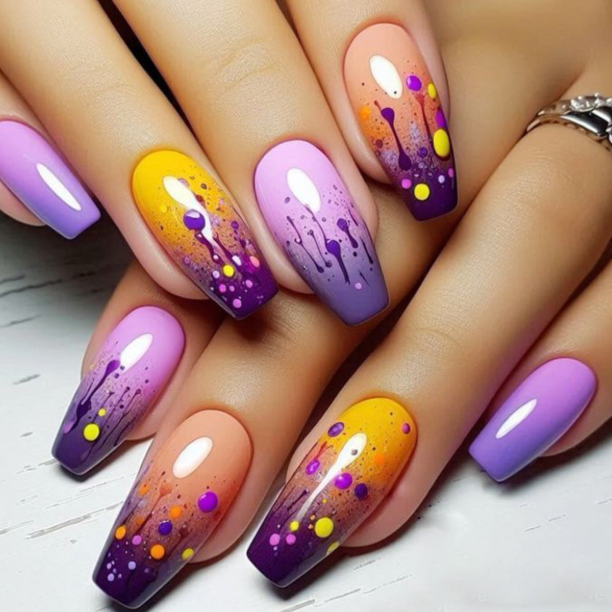 Vibrant Sunset Long Coffin Gradient Purple and Yellow with Colorful Splatter Design Press On Nail Set