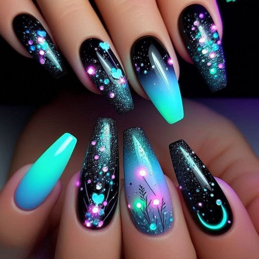 Celestial Glow Long Coffin Gradient Aqua and Black Nail Set with Sparkling Glitter Accents