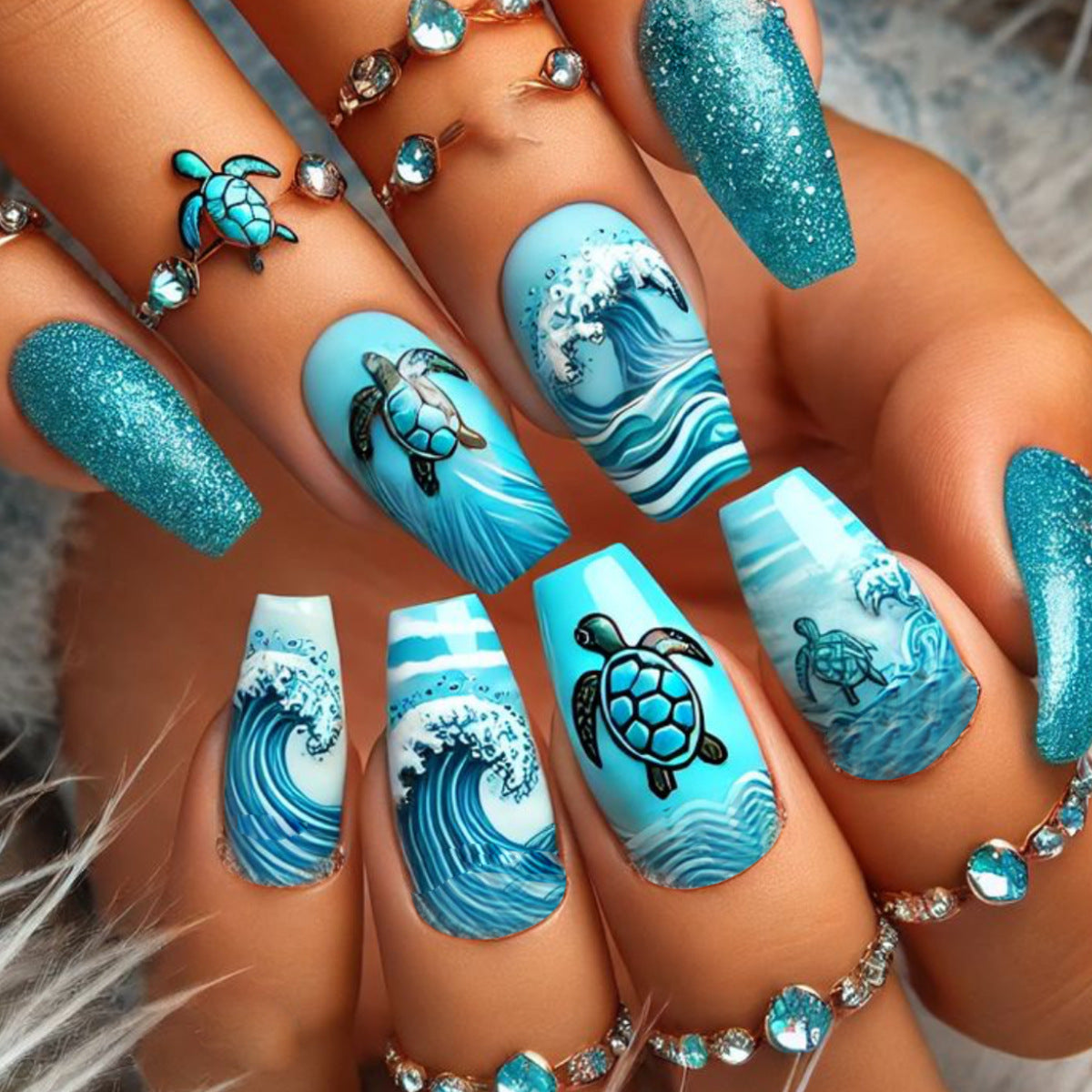 Ocean Adventure Long Coffin Glittering Aqua Press On Nail Set with Turtle and Wave Design