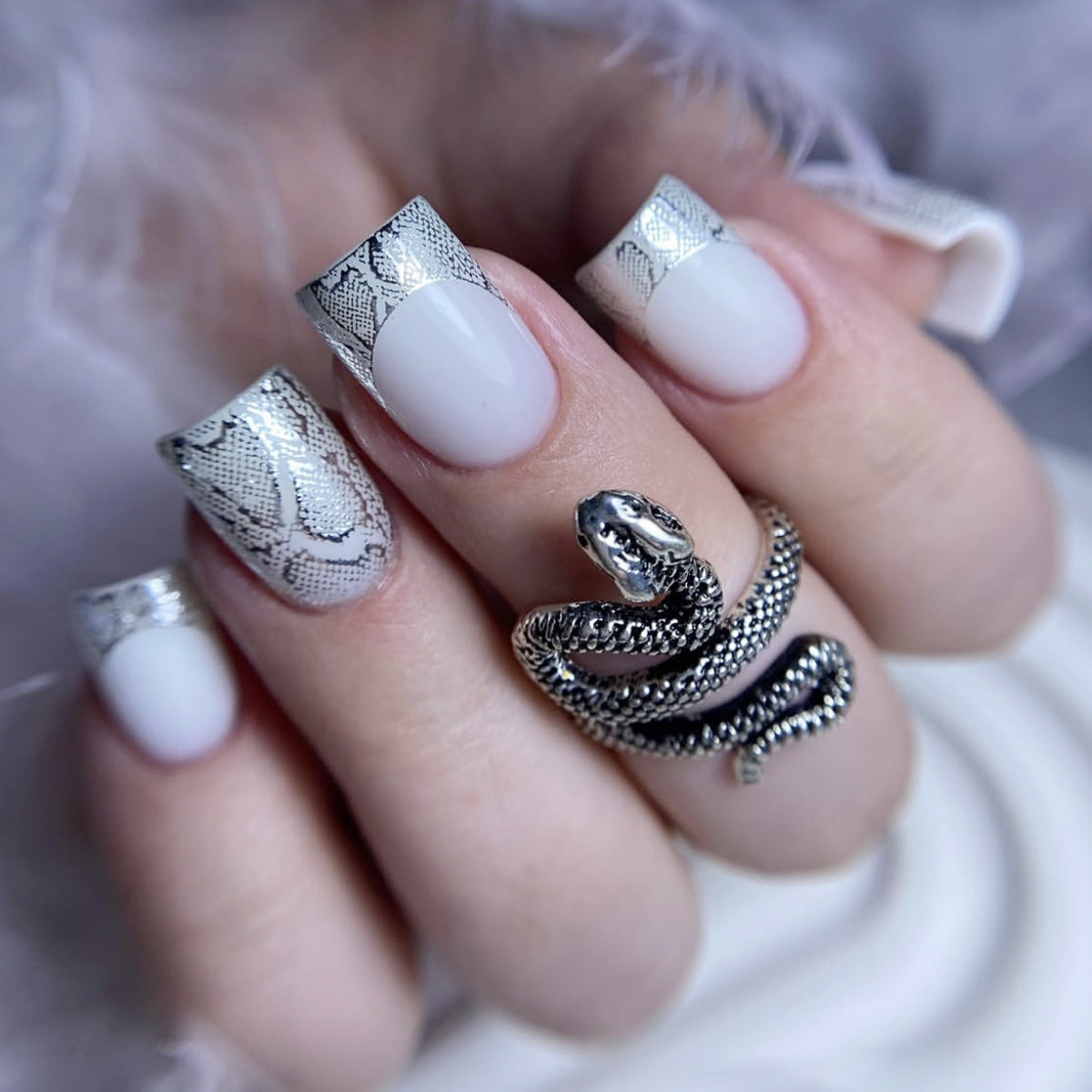 Mystical Serpent Inspired Short Square White and Silver Snake Print Press On Nail Set