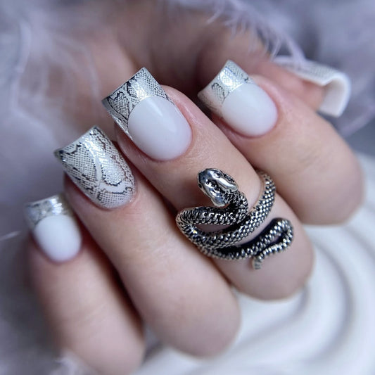 Mystical Serpent Inspired Short Square White and Silver Snake Print Press On Nail Set