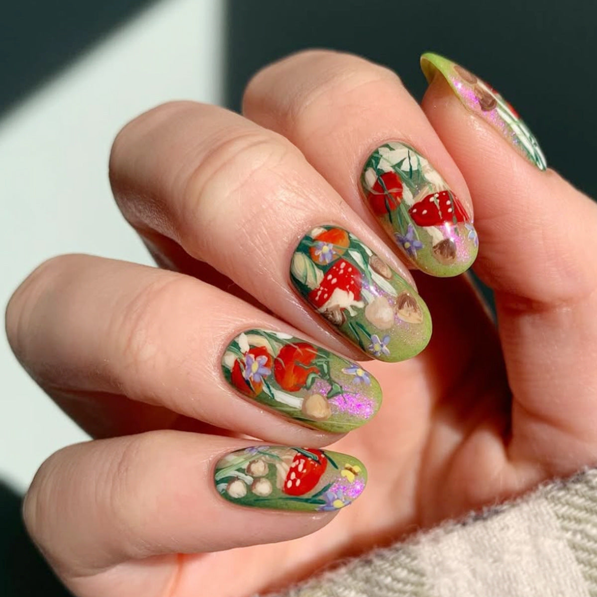 Whimsical Garden Inspired Short Oval Green Floral Press On Nail Set with Sparkling Accents