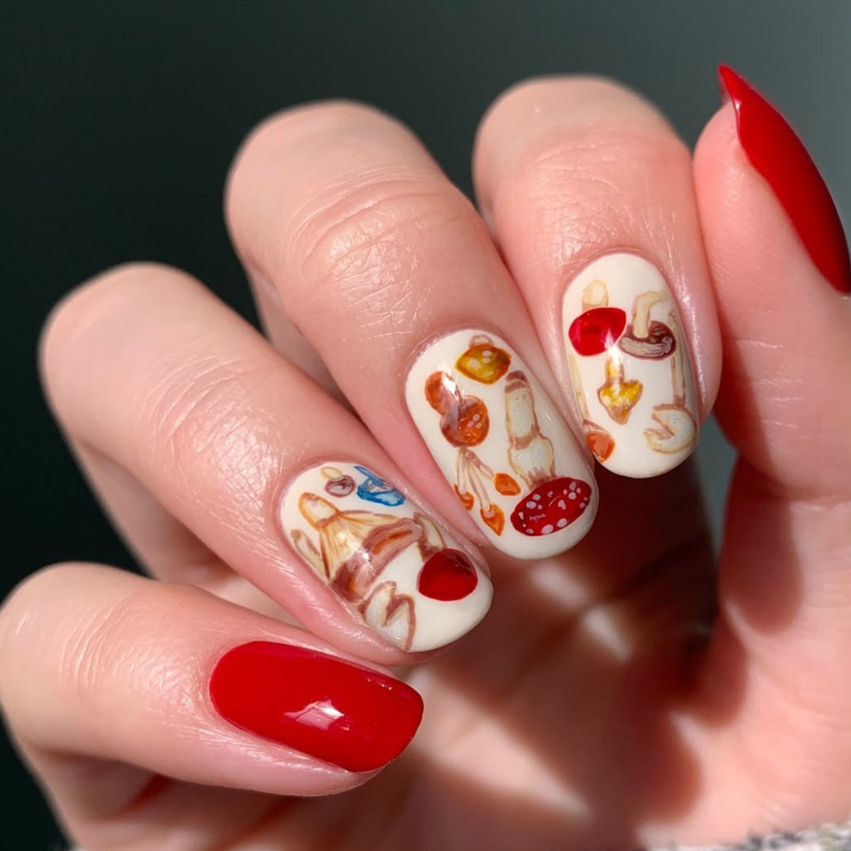 Gourmet Delight Medium Oval Red and Cream Press On Nail Set Featuring Fun Food Illustrations