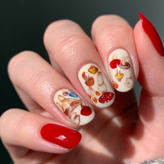 Gourmet Delight Medium Oval Red and Cream Press On Nail Set Featuring Fun Food Illustrations