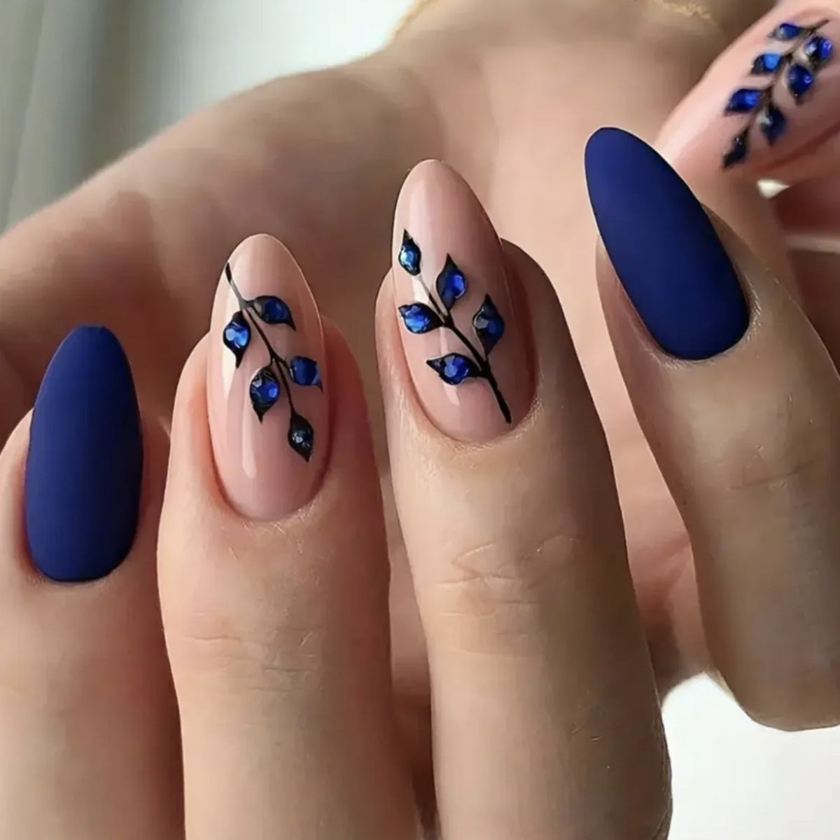 Botanical Elegance Short Almond and Oval Shape Deep Blue and Beige with Floral Art Design Press On Nail Set