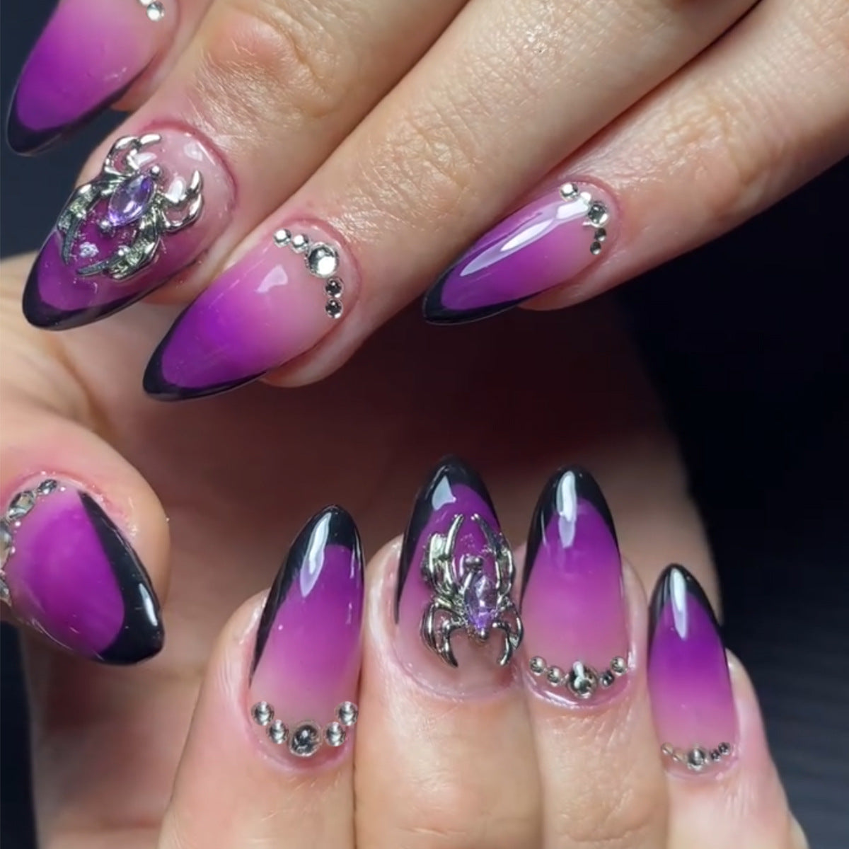 Enchanting Glamour Medium Almond Ombre Purple with Dazzling Spider Accent
