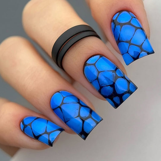 Oceanic Elegance Medium Square Glossy Blue Marble Press On Nail Set with Stunning Glossy Finish