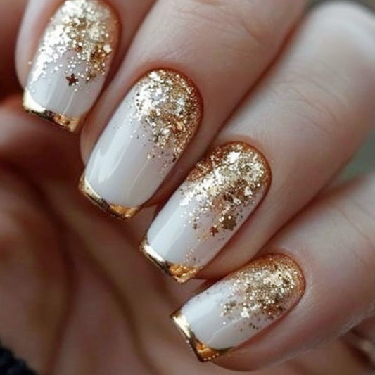 Celestial Glamour Medium Square White and Gold Glitter Press-On Nail Set with Starry Finish