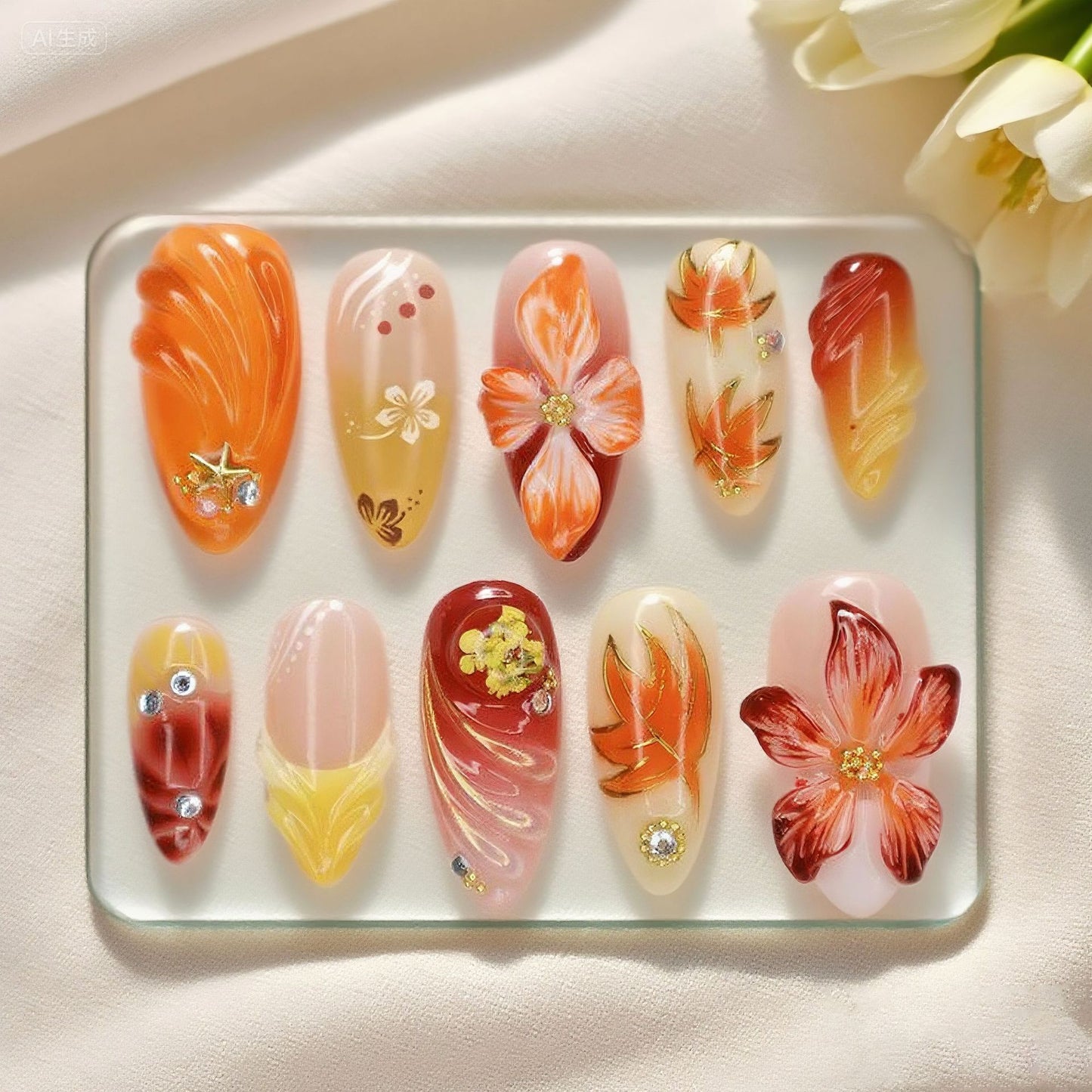 Autumn Elegance Medium Almond Orange with Floral Accents Press On Nail Set