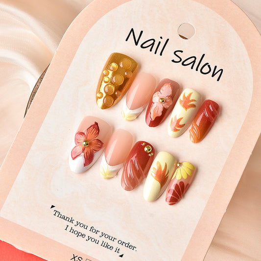Autumn Blossom Short Almond Orange Floral Press On Nail Set