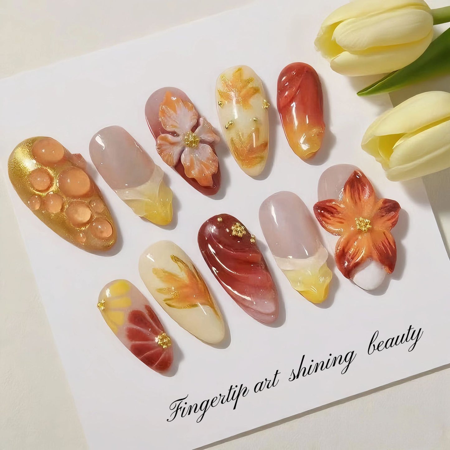 Autumn Blossom Long Almond Press On Nail Set with Floral Art Design