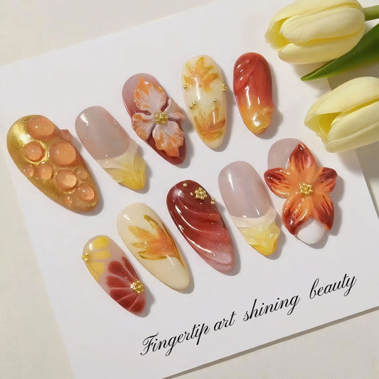Autumn Blossom Long Almond Press On Nail Set with Floral Art Design
