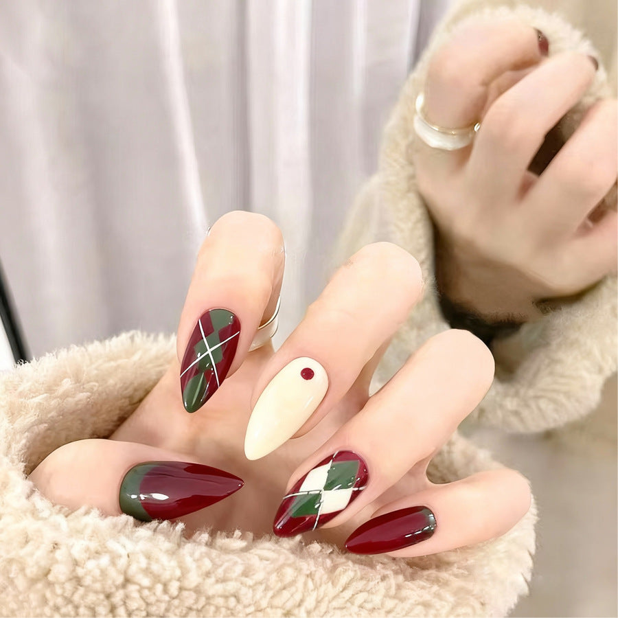 Cozy Winter Vibes Elegant Long Almond Green and Burgundy Press On Nail Set with Unique Geometric Patterns