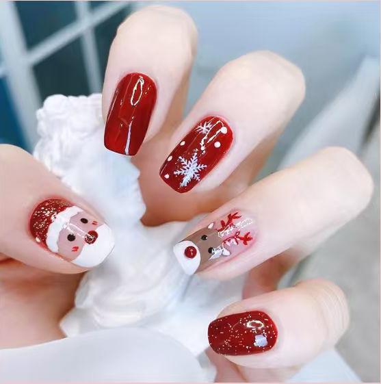 Festive Holiday Magic Long Square Glossy Red Press on Nail Set with Adorable Santa and Reindeer Designs