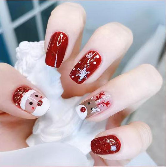 Festive Holiday Magic Long Square Glossy Red Press on Nail Set with Adorable Santa and Reindeer Designs
