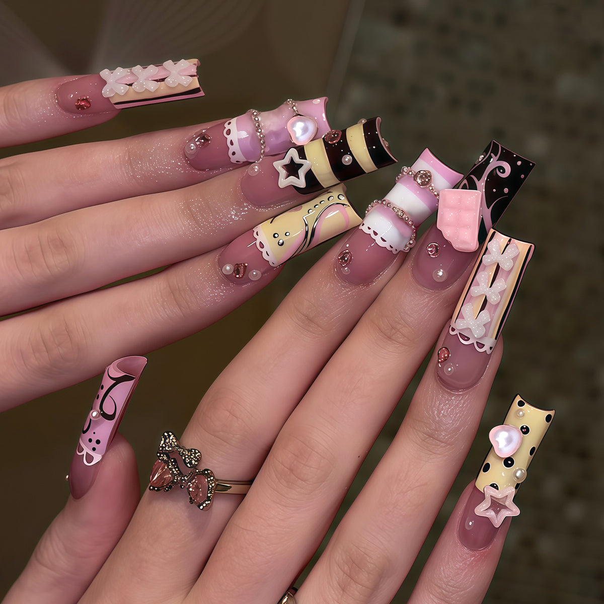 Sweet Delight Long Square Pastel Press-On Nail Set with Unique Decorative Elements