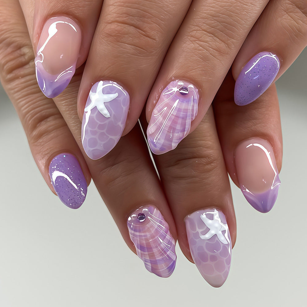 Ocean Dream Medium Almond Lavender Glossy Finish Press On Nail Set