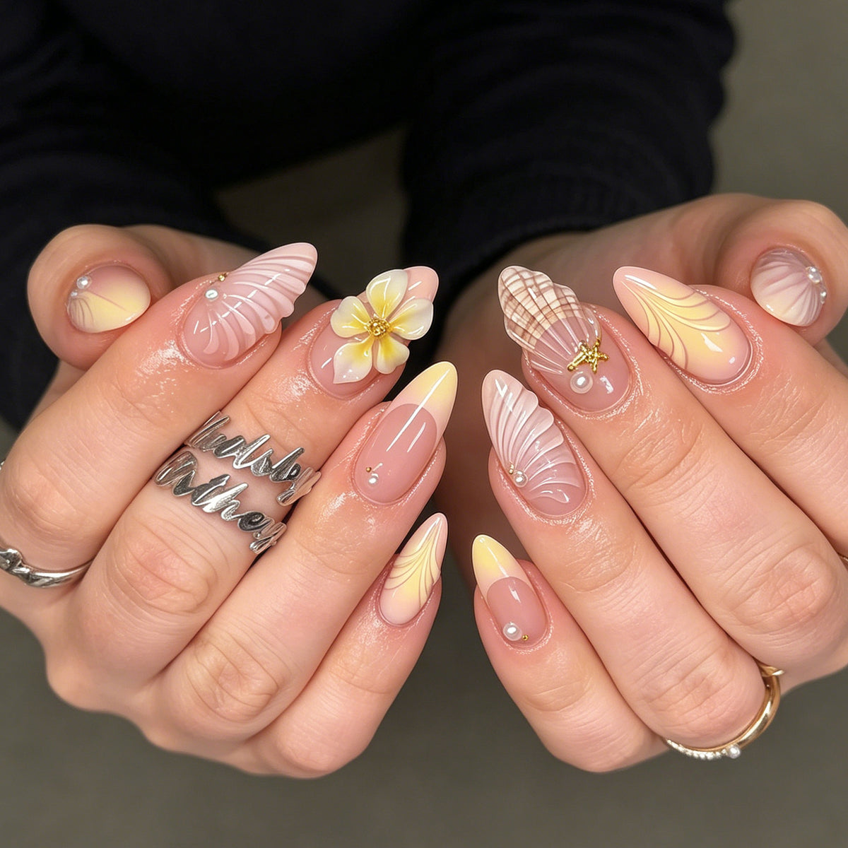 Tropical Bliss Medium Almond Pink with Floral Accents Press On Nail Set