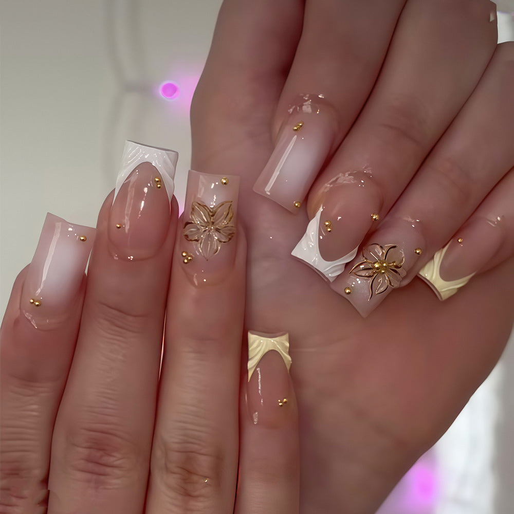 Chic Floral Elegance Long Square Blush Pink with Golden Accents Press On Nail Set