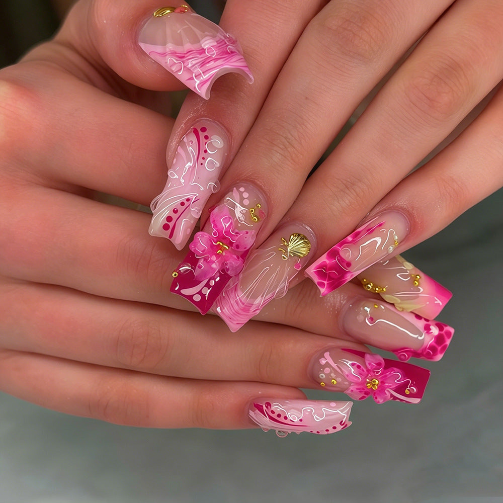 Tropical Paradise Long Square Pink Floral Art Press On Nail Set