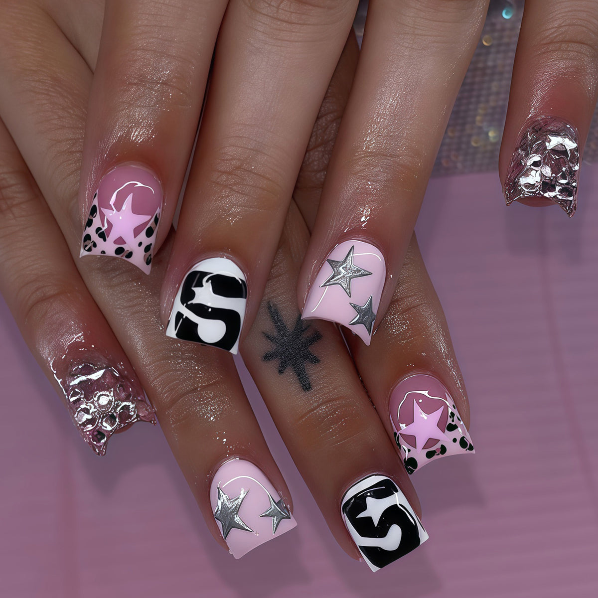 Galaxy Glam Short Square Pink and Black Press On Nail Set with Glitter Accents