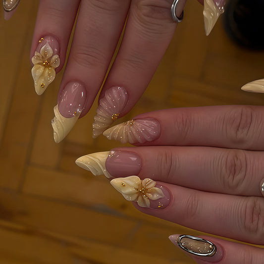 Whimsical Blossom Medium Stiletto Yellow with Intricate Floral Designs Press On Nail Set