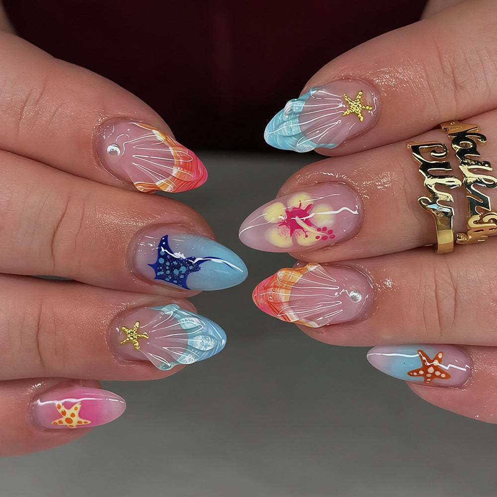 Ocean Vibes Medium Almond Colorful Sea Life Design Press On Nail Set