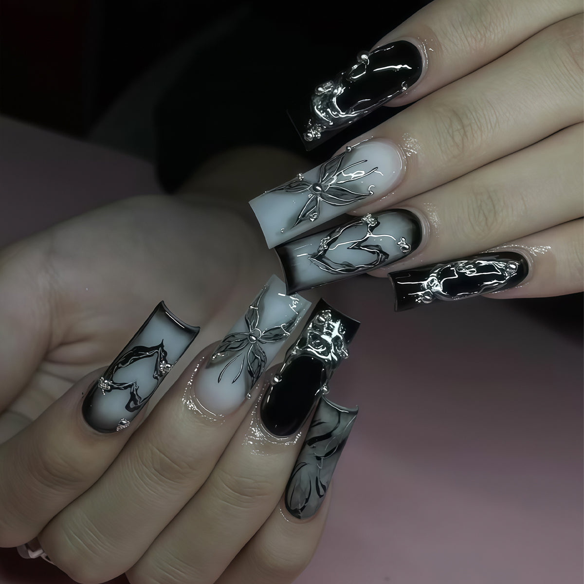Elegant Noir Long Square Black and White Marble Design Press on Nail Set