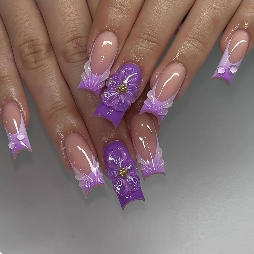 Floral Elegance Long Square Purple Press On Nail Set with Unique Flower Accents