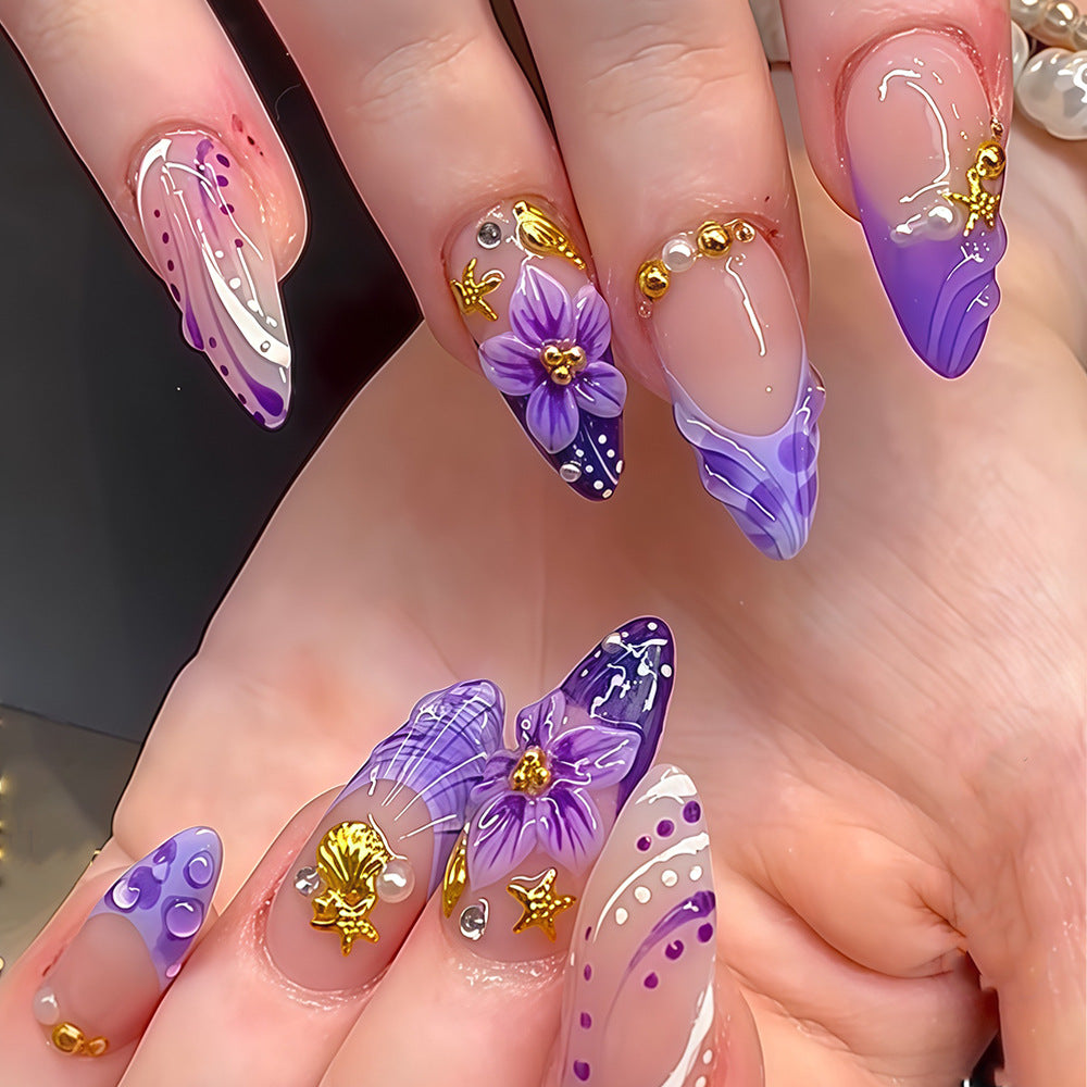 Ocean Dream Medium Almond Purple Floral Glam Press On Nail Set