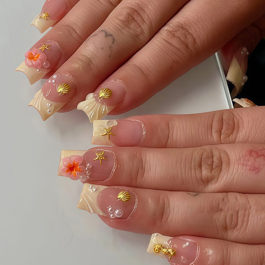 Tropical Summer Medium Square Pearl and Flower Accent Press On Nail Set