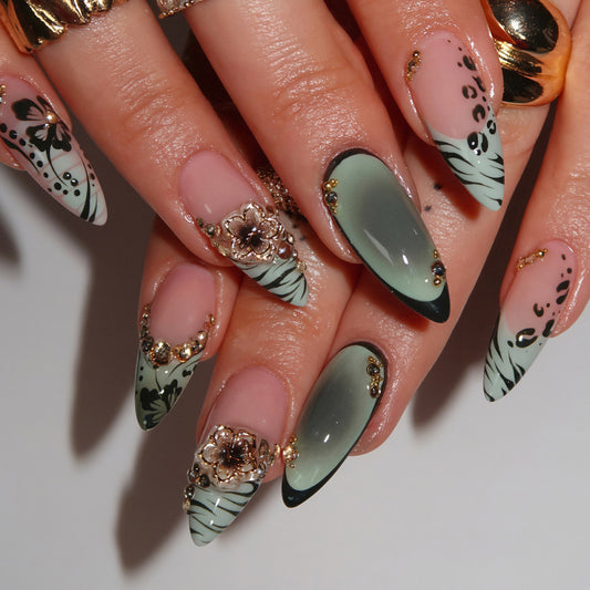 Elegant Jungle Almond Long Green Ombre with Floral Accents Press on Nail Set