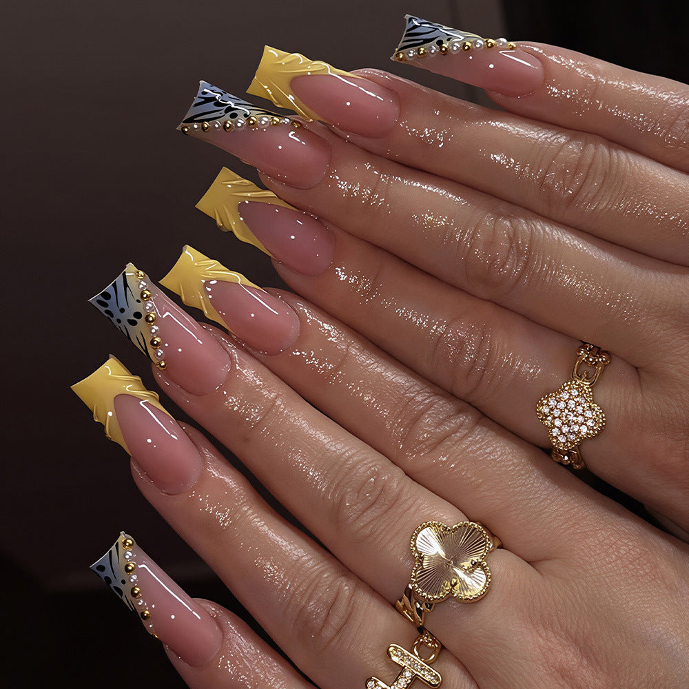 Chic Jungle Medium Square Yellow and Black Pattern with Gold Accents Press On Nail Set