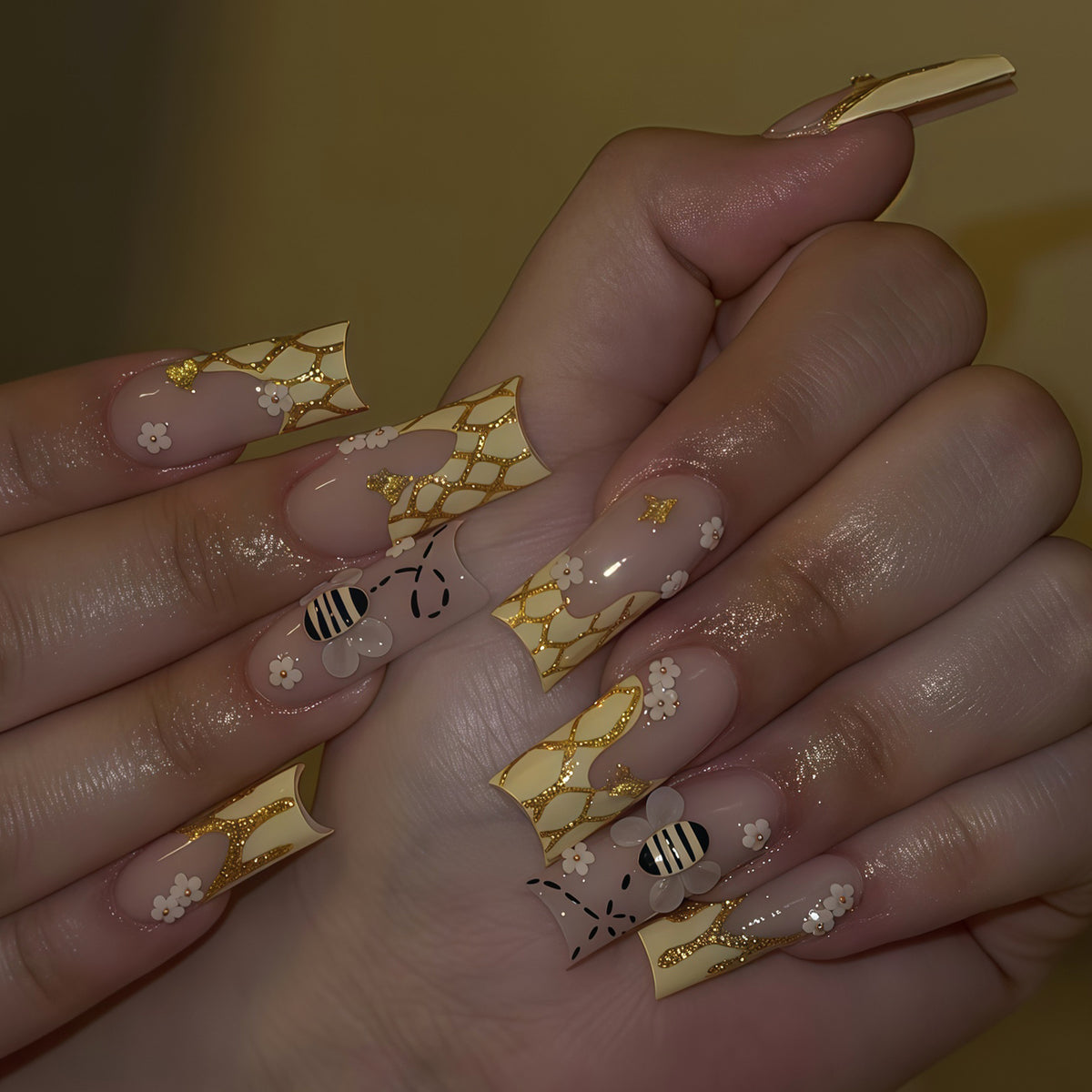 Bee Inspired Long Square Press On Nail Set with Floral and Gold Accents