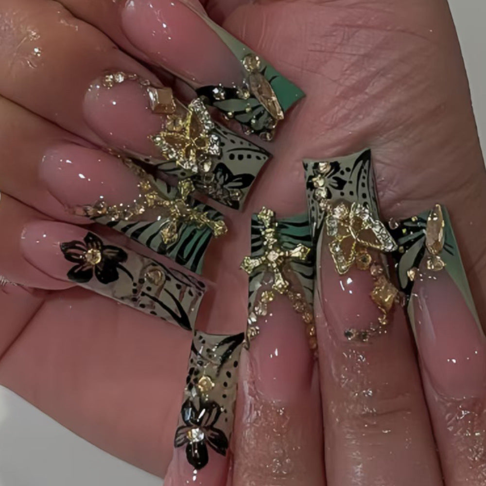 Glamorous Floral Long Square Transparent Nail Set with Intricate Gemstone Accents