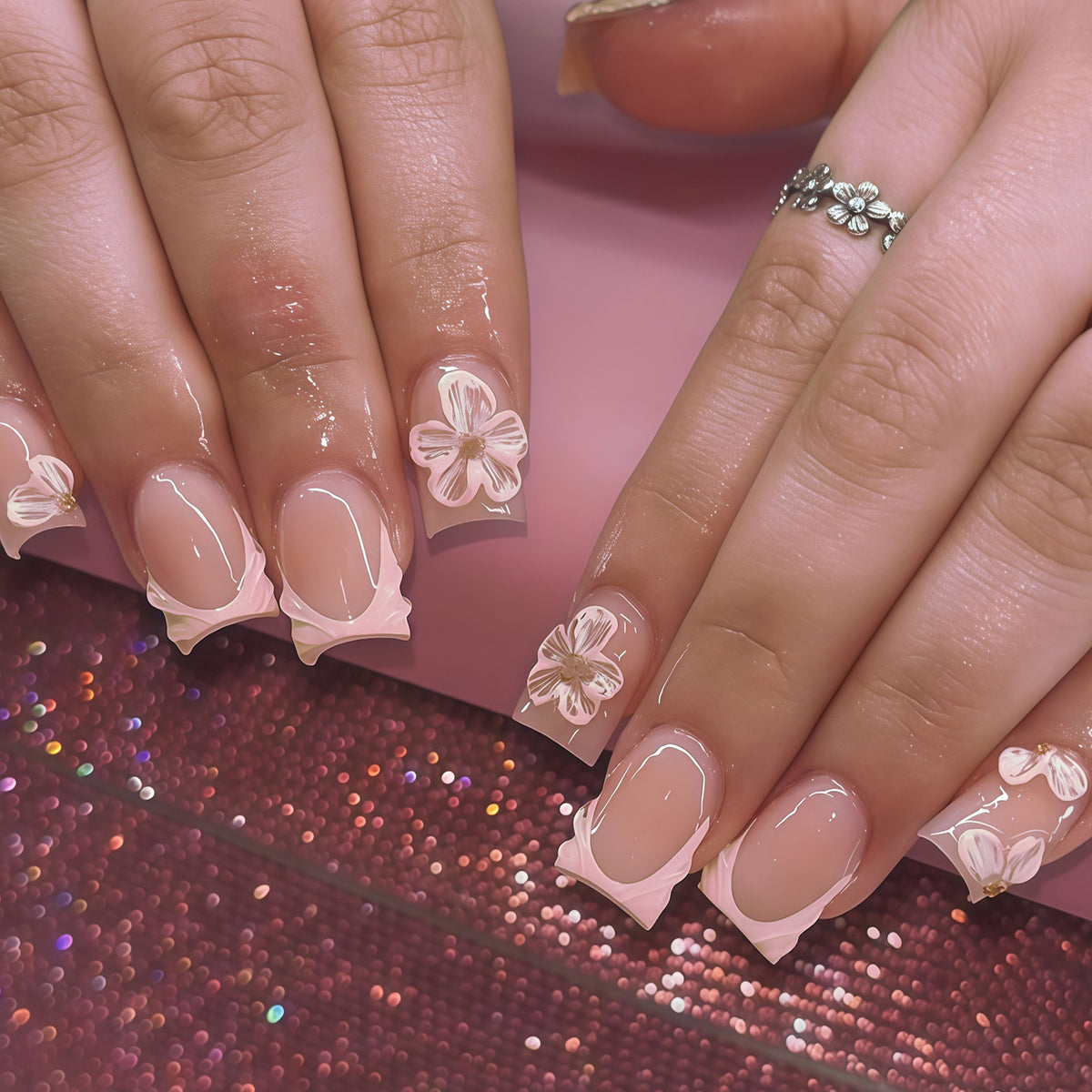 Blossom Elegance Short Square Blush Press On Nails with Floral Accents