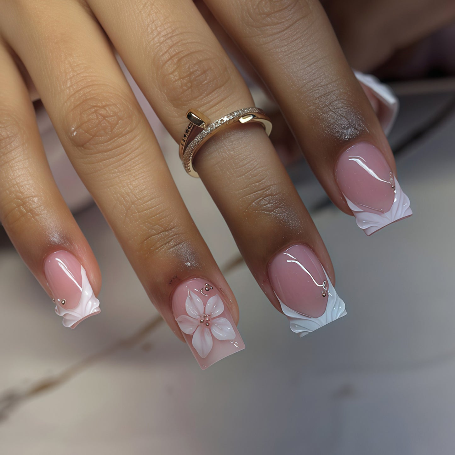 Floral Elegance Short Square Pink with Three-Dimensional Flower Design Press On Nail Set