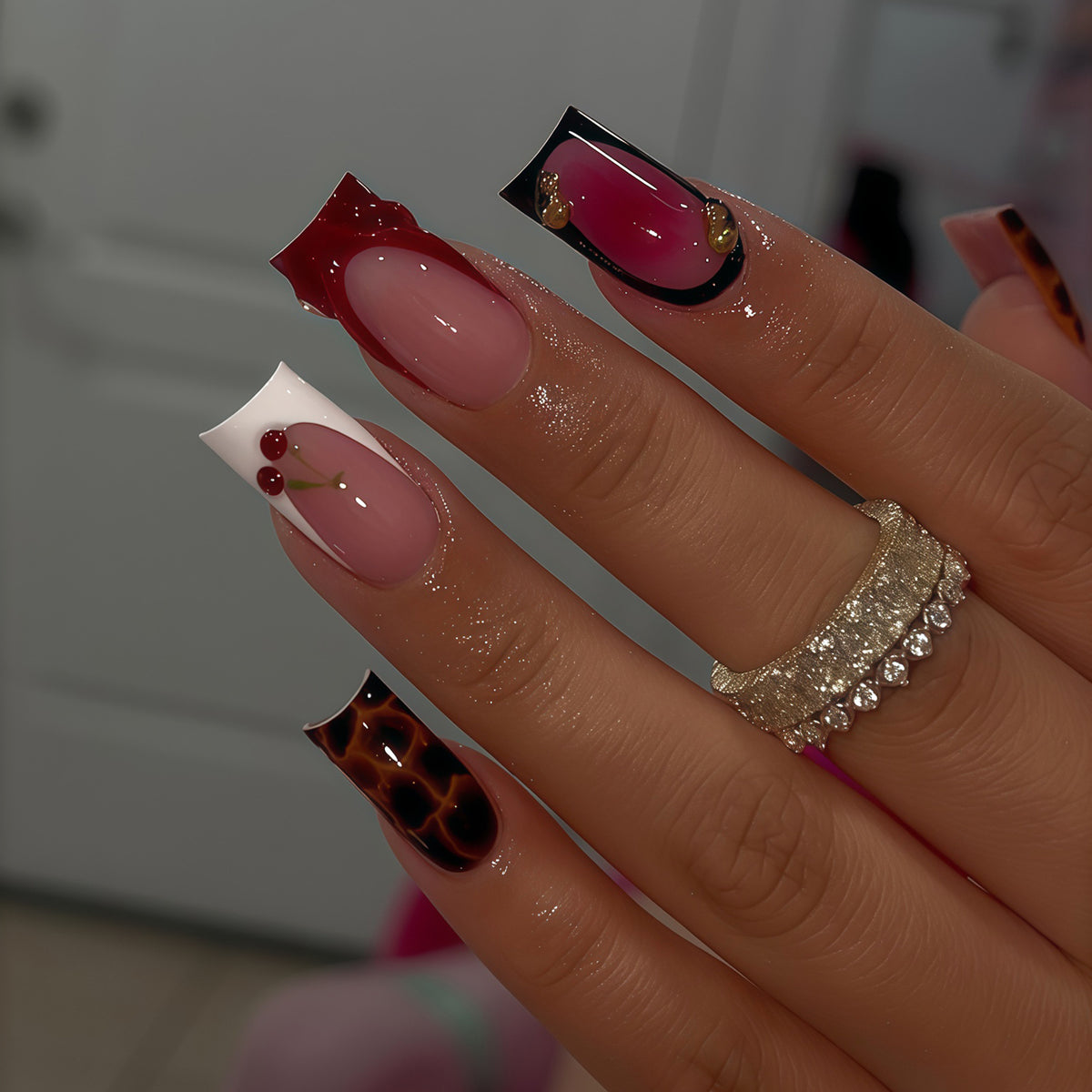 Cherry Delight Long Square Red Glossy Finish Press On Nail Set